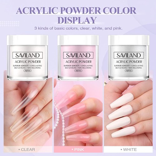 SAVILAND Acrylic Nail Kit for Beginners - Clear, White & Pink Powder, 1.7 fl oz Liquid, 100 Nail Forms
