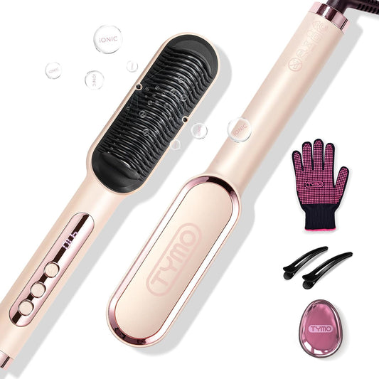 TYMO Ring Plus Ionic Hair Straightener Brush - Professional Styling Tool with 9 Temp Settings & LED Display | Gold Blush