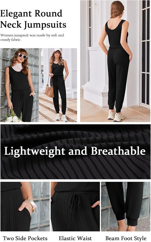 Ekouaer Jumpsuit for Women - Casual Summer Sleeveless Ribbed One-Piece Romper | Perfect for Vacation & Travel