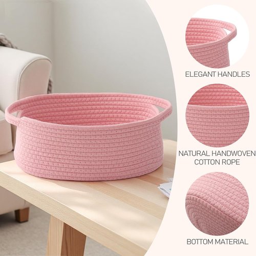 JMvicyroam Woven Basket - Small Rope Storage Bin with Handles for Organizing Shelves & Closets | Pink Gift Basket for Toys & Books