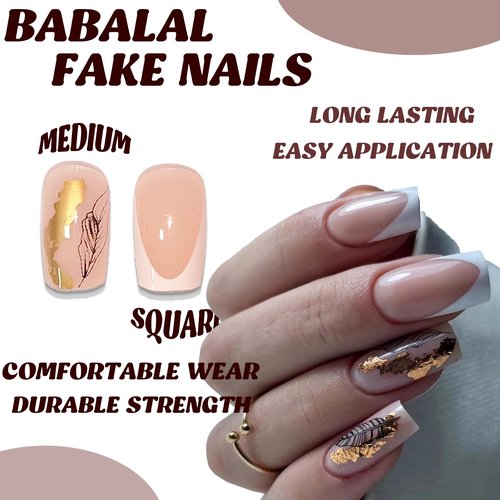 BABALAL Square Press on Nails - Medium White French Tip Glue on Nails, Gold Acrylic Squoval False Nails, 24pcs for Women & Girls