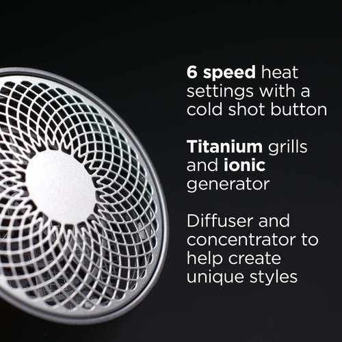 RUSK PRO Speed Titanium Hair Dryer, Ionic Generator Eliminates Frizz, Powerful AC Motor with 6 Speed and Heat Settings for Fast Styling, Plus Diffuser and Concentrator for Unique Styles