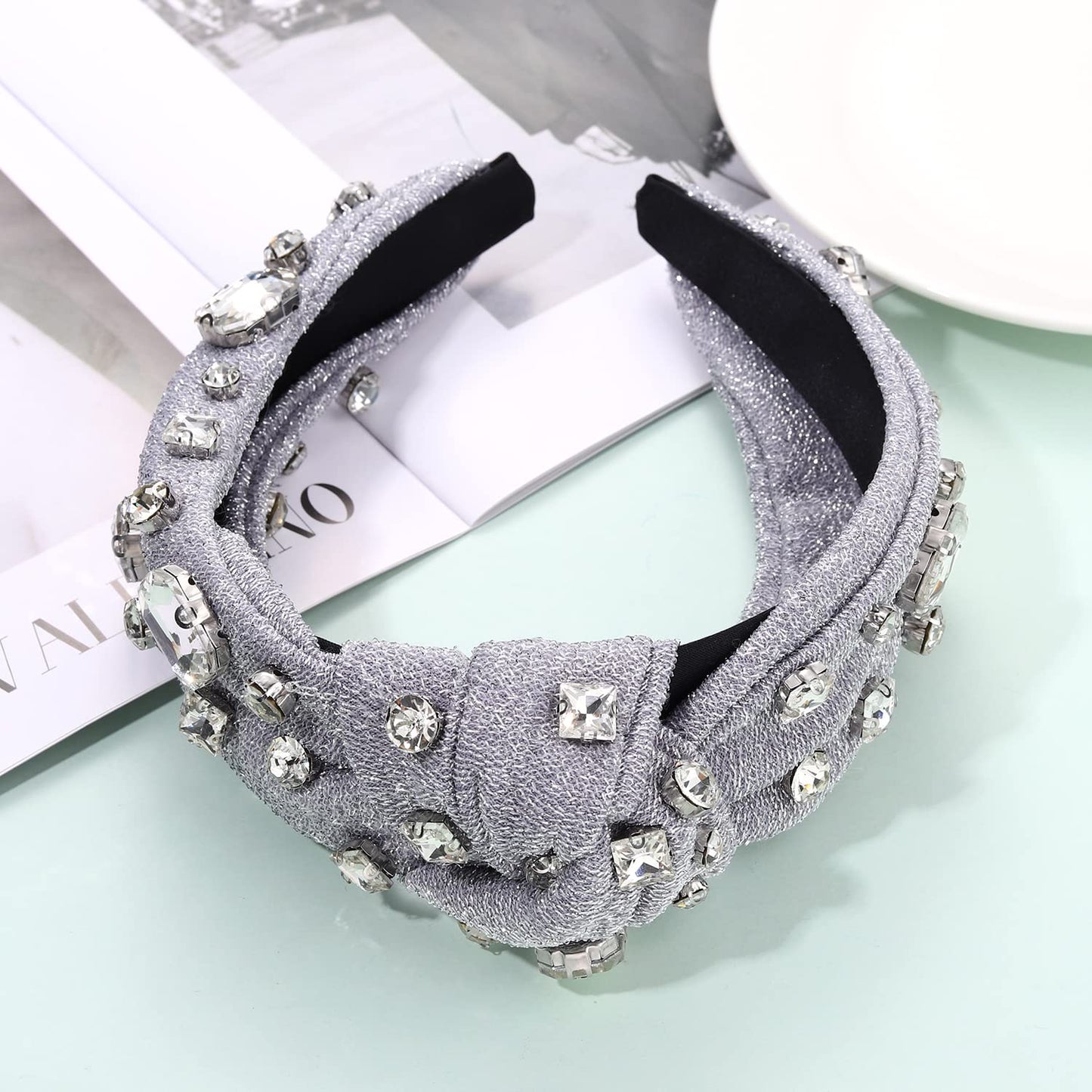 Crystal Velvet Headband Cross Knotted Turban Headdress Colorful rhinestone Statement Wide Hair Band Hoop Accessories For Women Girls (Sliver)