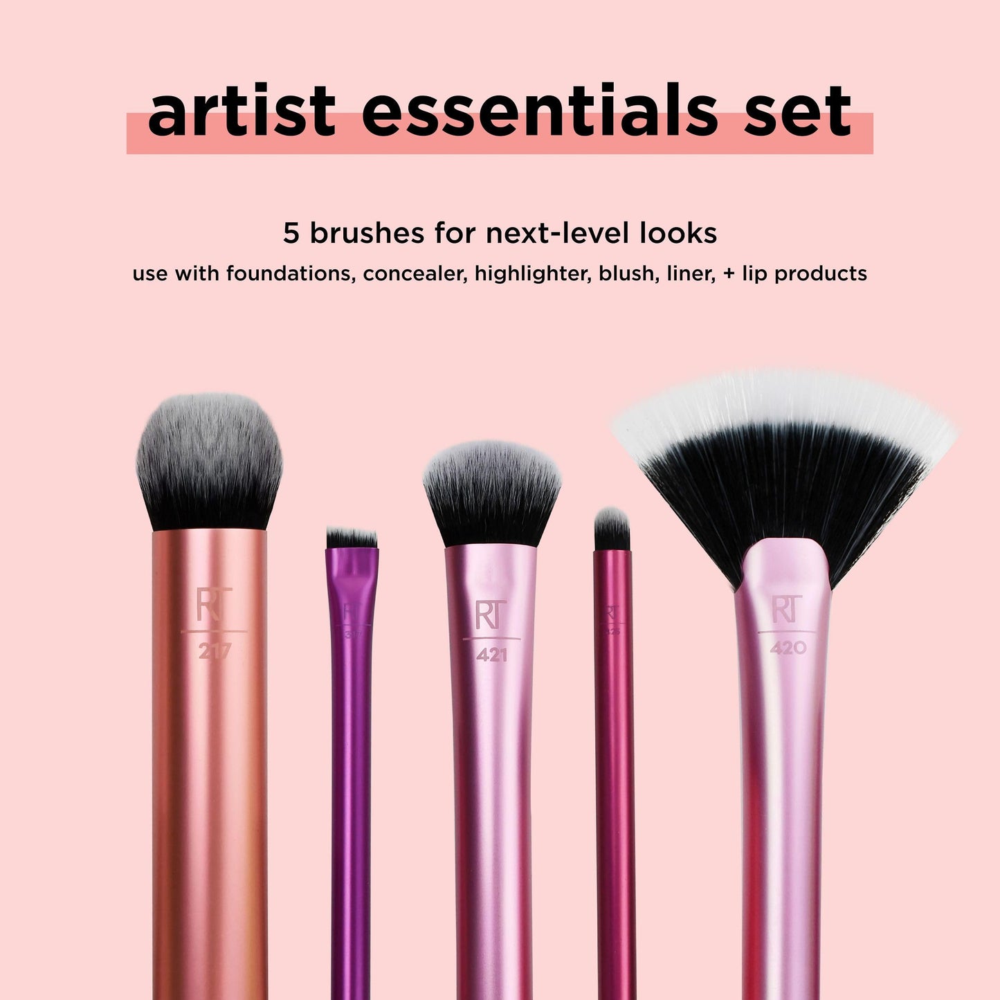 Real Techniques Artist Essentials Makeup Brush Set, For Foundation, Blush, Highlighter, Eyeshadow, & Liner, Professional Makeup Tools, Synthetic Bristles, Vegan & Cruelty-Free, 5 Piece Set