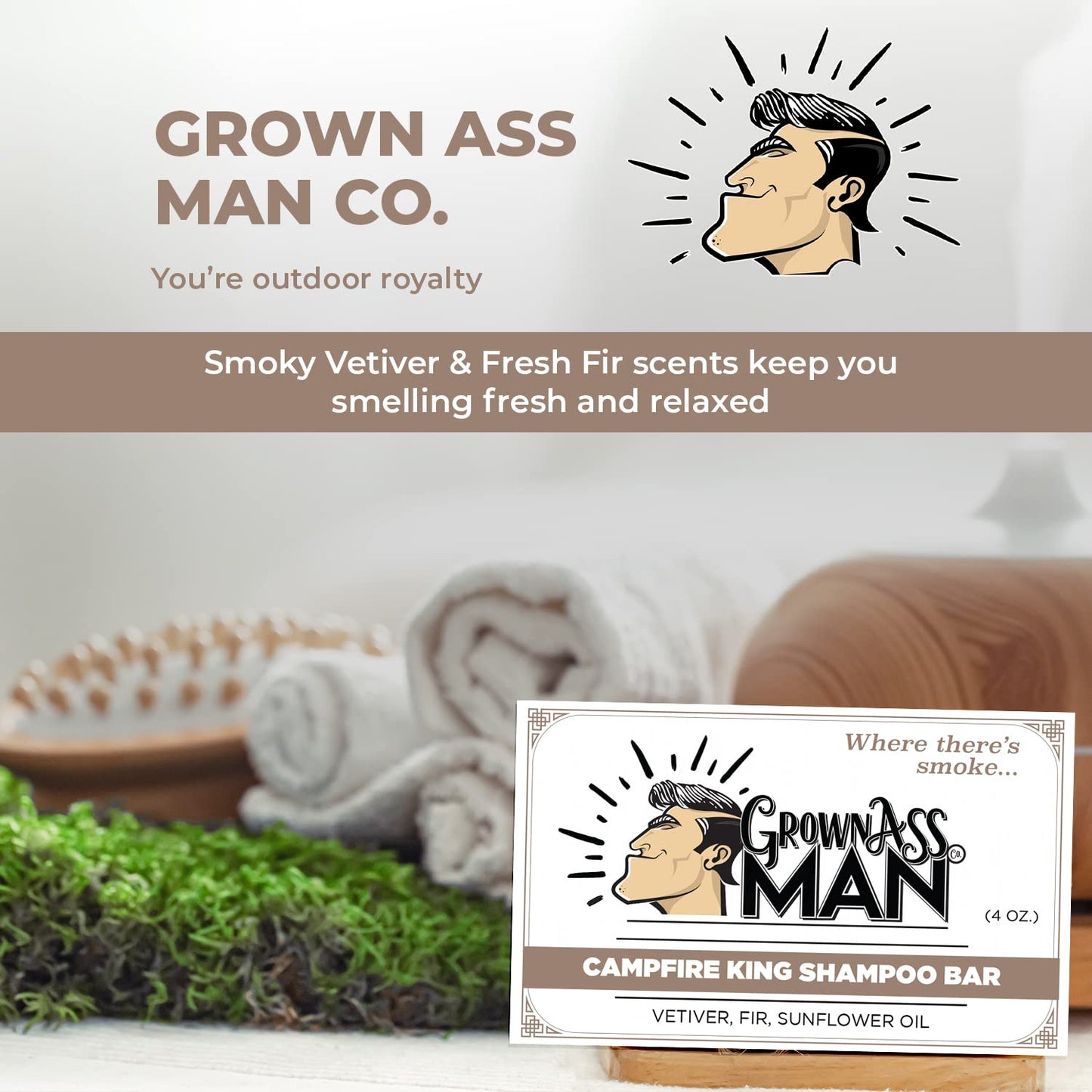 Grown Ass Man Co. Solid Shampoo Bar - Rich Lather 3-in-1 Hair, Beard & Body Wash | Eco-Friendly 4oz Campfire King
