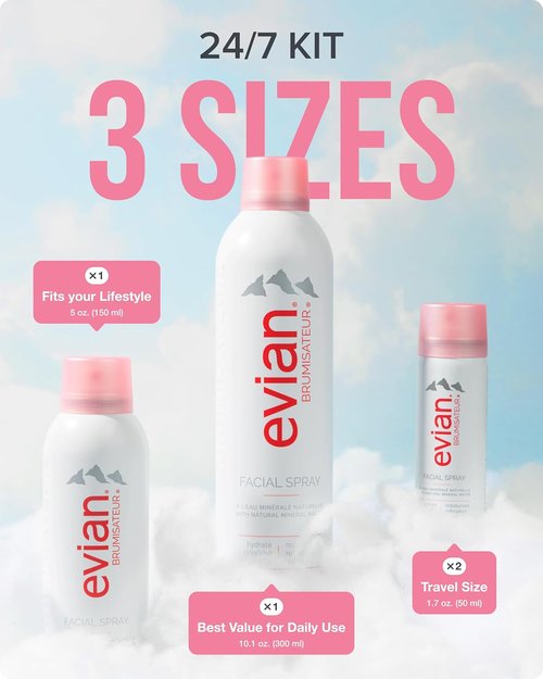 Evian Facial Spray 24/7 Kit - Hydrating Mineral Water Mist for Refreshing Makeup & Skin - Travel-Friendly Sizes