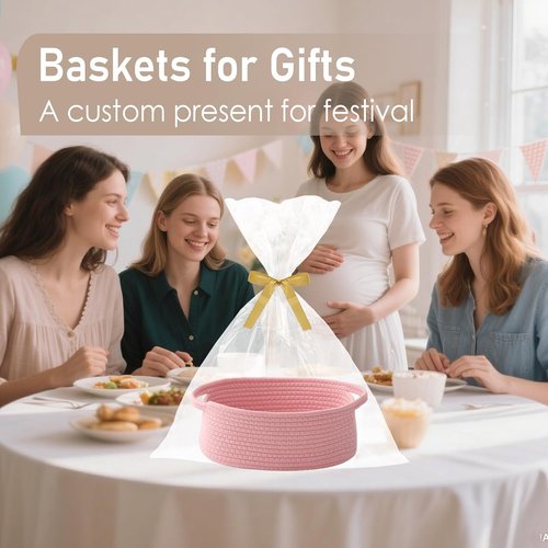 JMvicyroam Woven Basket - Small Rope Storage Bin with Handles for Organizing Shelves & Closets | Pink Gift Basket for Toys & Books