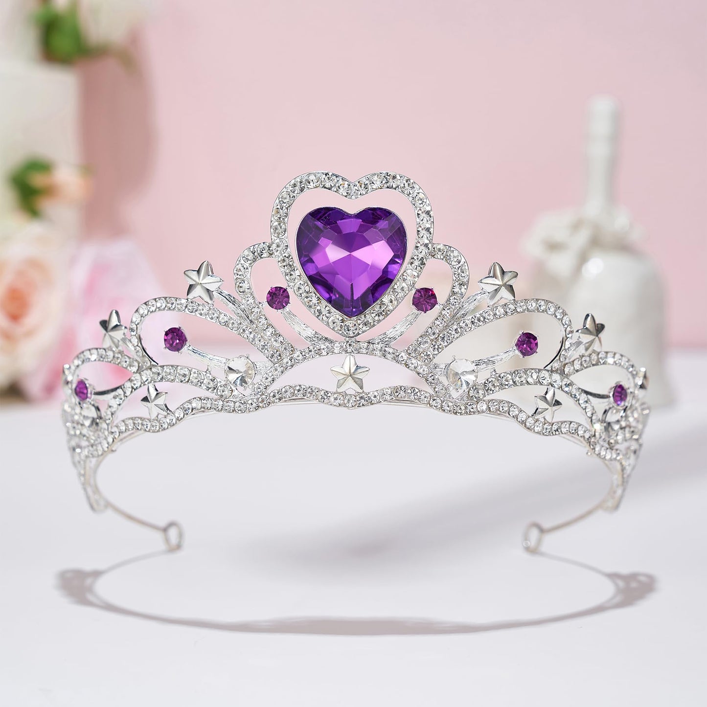 SWEETV Birthday Crowns for Women Girls Birthstone Heart Princess Tiara Silver Wedding Headband for Birth Day Party Photograph, Feb