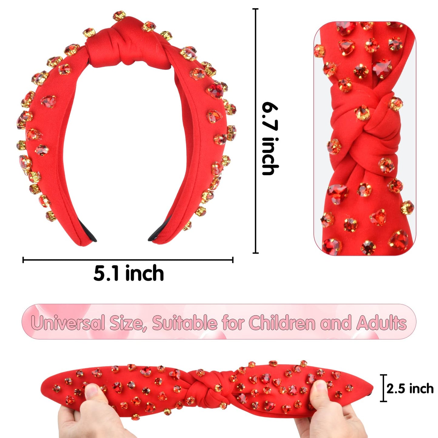 KESOCORAY Valentine’s Mother's Day Rhinestone Sparkly Headband for Women Crystal Jeweled Wide Top Knotted Headbands Holiday Hair Accessories Gifts (Red Heart)