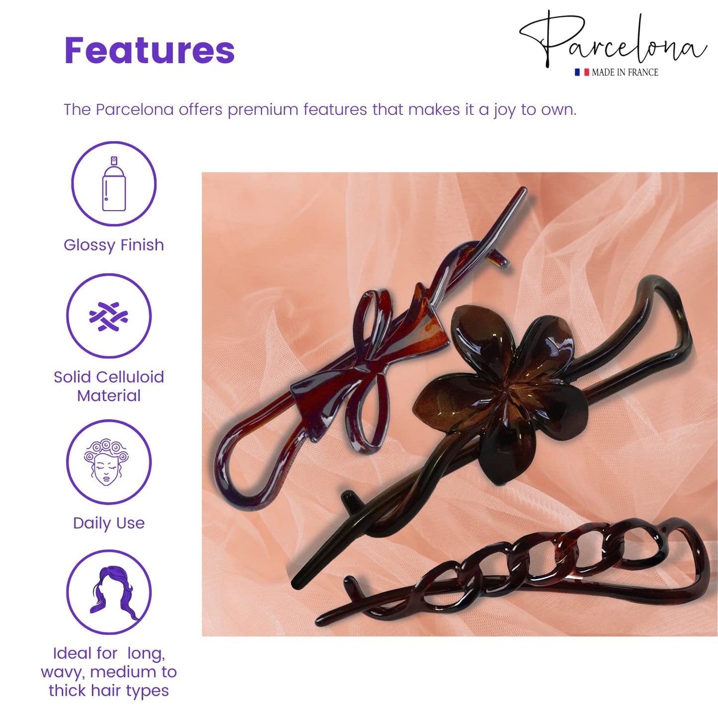 Parcelona French Twist n Clip Flower, Bow and Chain 4" Celluloid Metal Free Hair Barrette Clips Women Hair Accessories, Made in France (Tortoise Shell Brown)