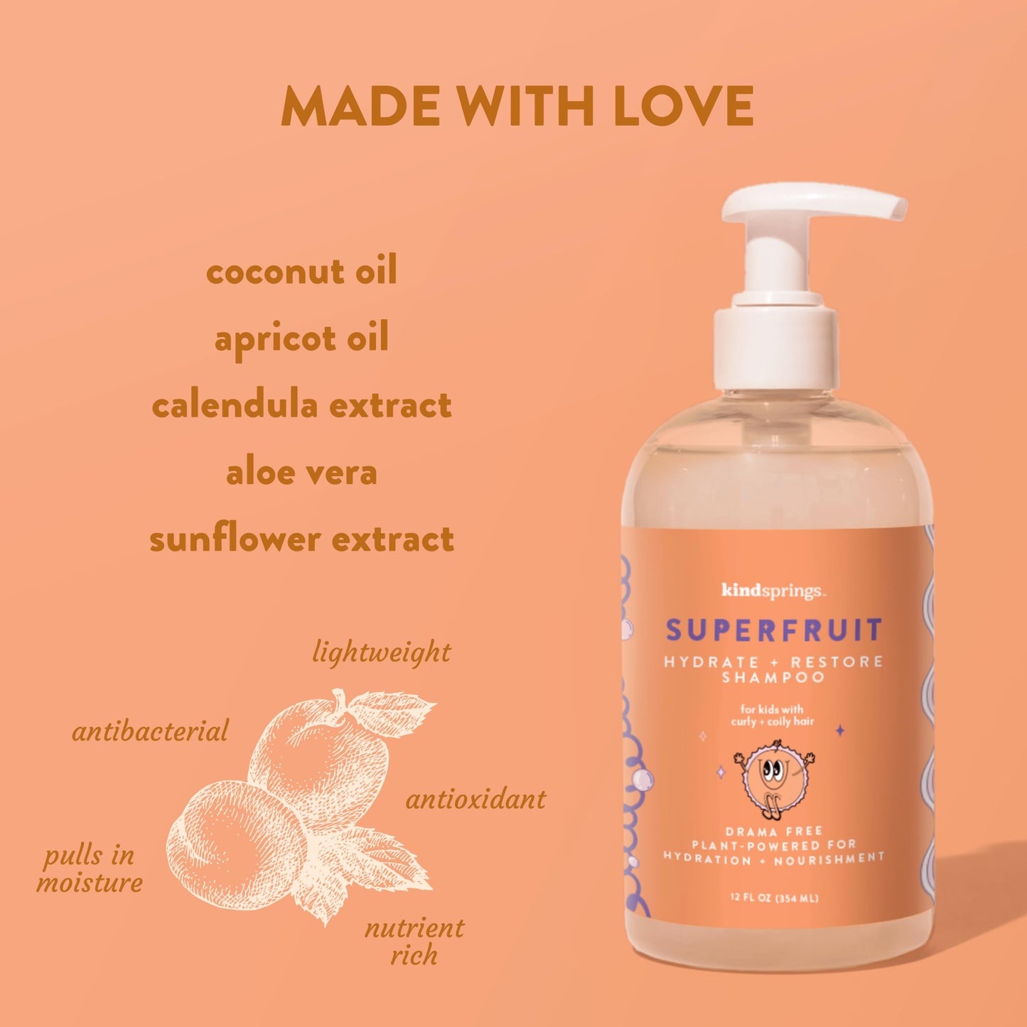 kindsprings Shampoo For Kids, Ultra-Hydrating Gentle Cleanser For Curly and Coily Hair. Superfruit Hydrate and Restore Shampoo. No Paraben. Sulfate-Free 12 Fl Oz