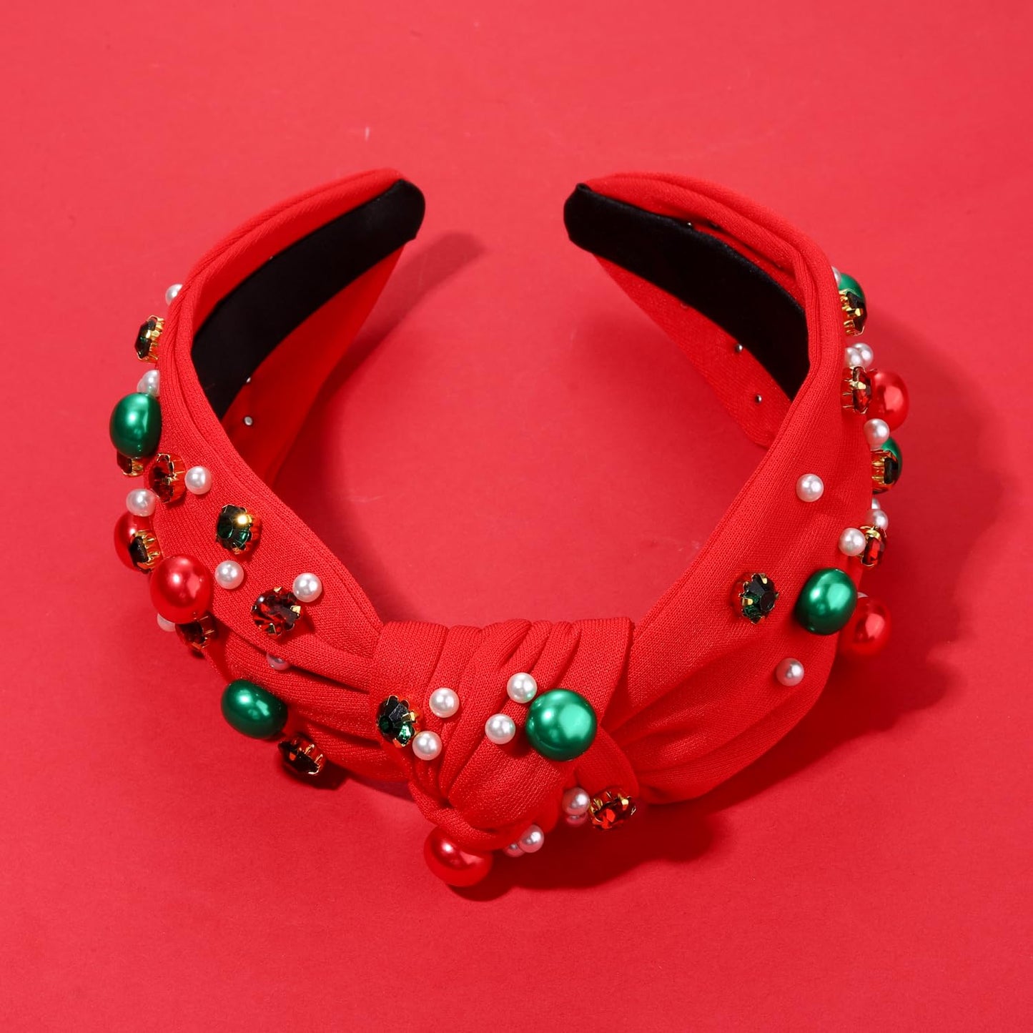 GLBCC Christmas Red Knot Hairband - Pearl & Jewels Top Headband for Women, Fashion Elegant Ladies Wide Knot Head Band, Holiday Party Outfit Gifts