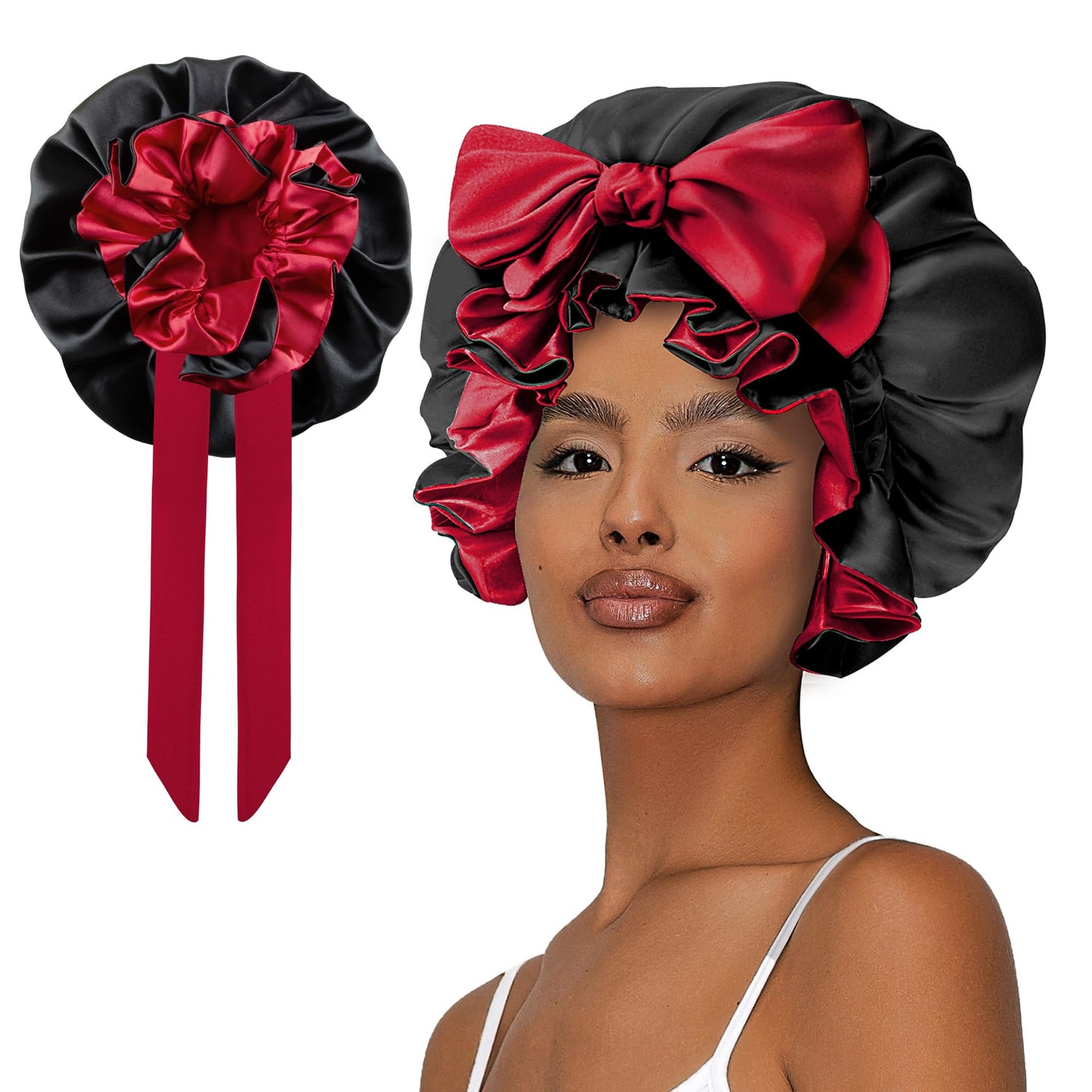 Vettres Hair Bonnet for Sleeping, Satin Silk Shower Cap Women 2025 with Tie Band and Adjustable Straps Head Wrap for Curly Hair Black F