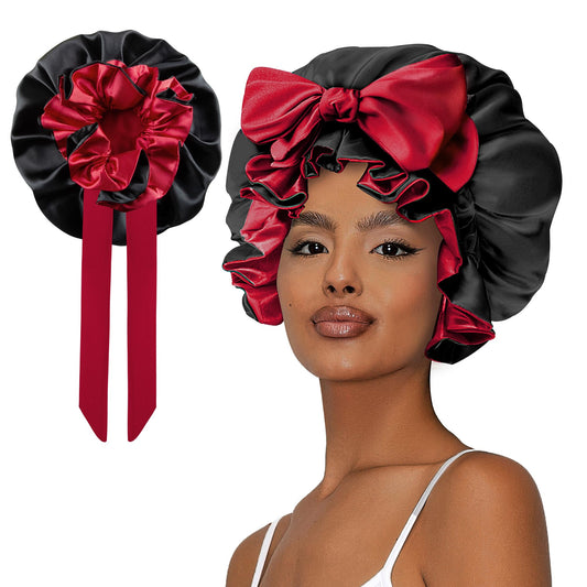 Vettres Hair Bonnet for Sleeping, Satin Silk Shower Cap Women 2025 with Tie Band and Adjustable Straps Head Wrap for Curly Hair Black F