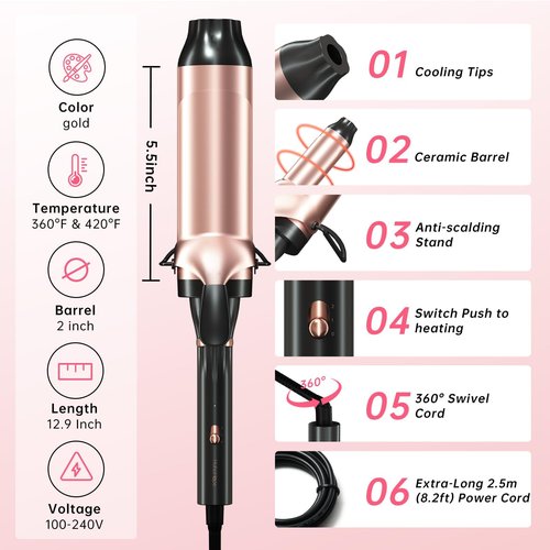 Hahahope Professional Two Inch Curling Iron with Clamp - Large Barrel Curling Wand for Long Hair, Dual Voltage, Adjustable Heat Settings, Lightweight Design Rose Gold