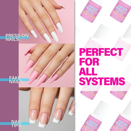 GELPARTY Super Strong Brush On Nail Glue for Press On Nails & Tips - Quick Dry Clear Acrylic Nail Adhesive (8ml) - Long Lasting Salon Bond for Fake Nails & Broken Nail Repair - Mess-Free Application