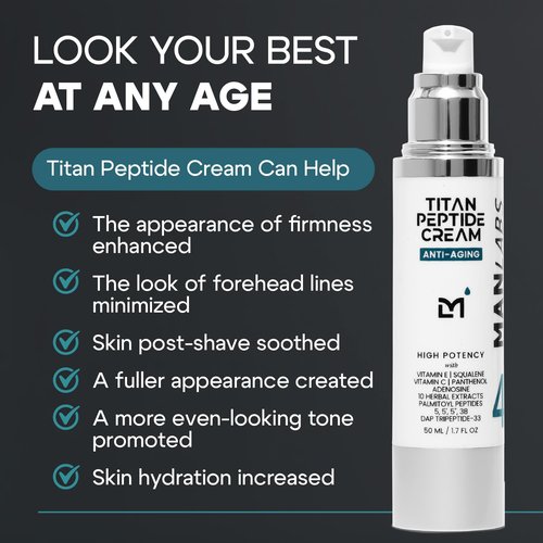 Man Labs Titan Peptide Anti-Aging Face Cream - Revitalize & Firm Skin with Peptides, Vitamin C & E - Unscented, All Skin Types