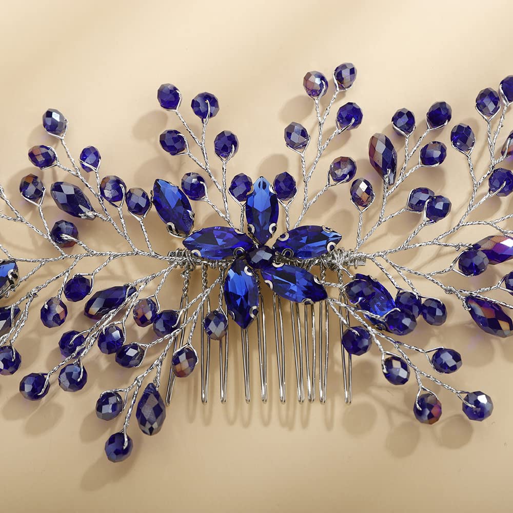 Teyglen Blue Rhinestone Headpiece Flower Wedding Hair Comb Headband Bridal Crystal Hair Pieces Hair Accessories Shiny Crystal Hair Side Comb for Women Bride Girls (Blue)