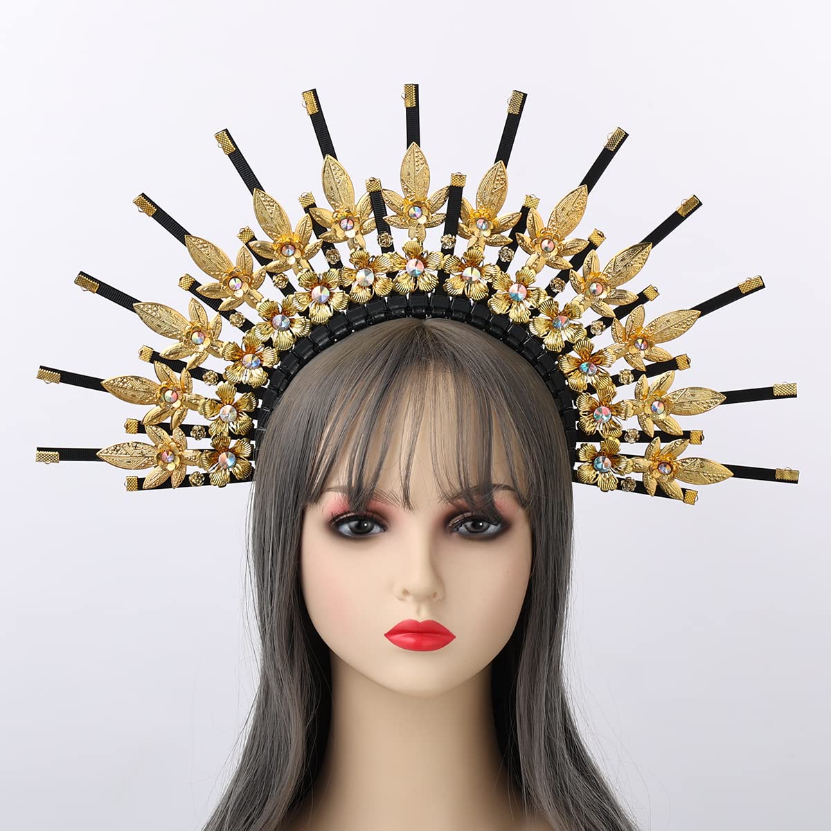 BLESSUME Goddess Gold Spike Halo Crown Headpiece NYLON ZIP TIE Wedding Bride Hair Band Tiara…