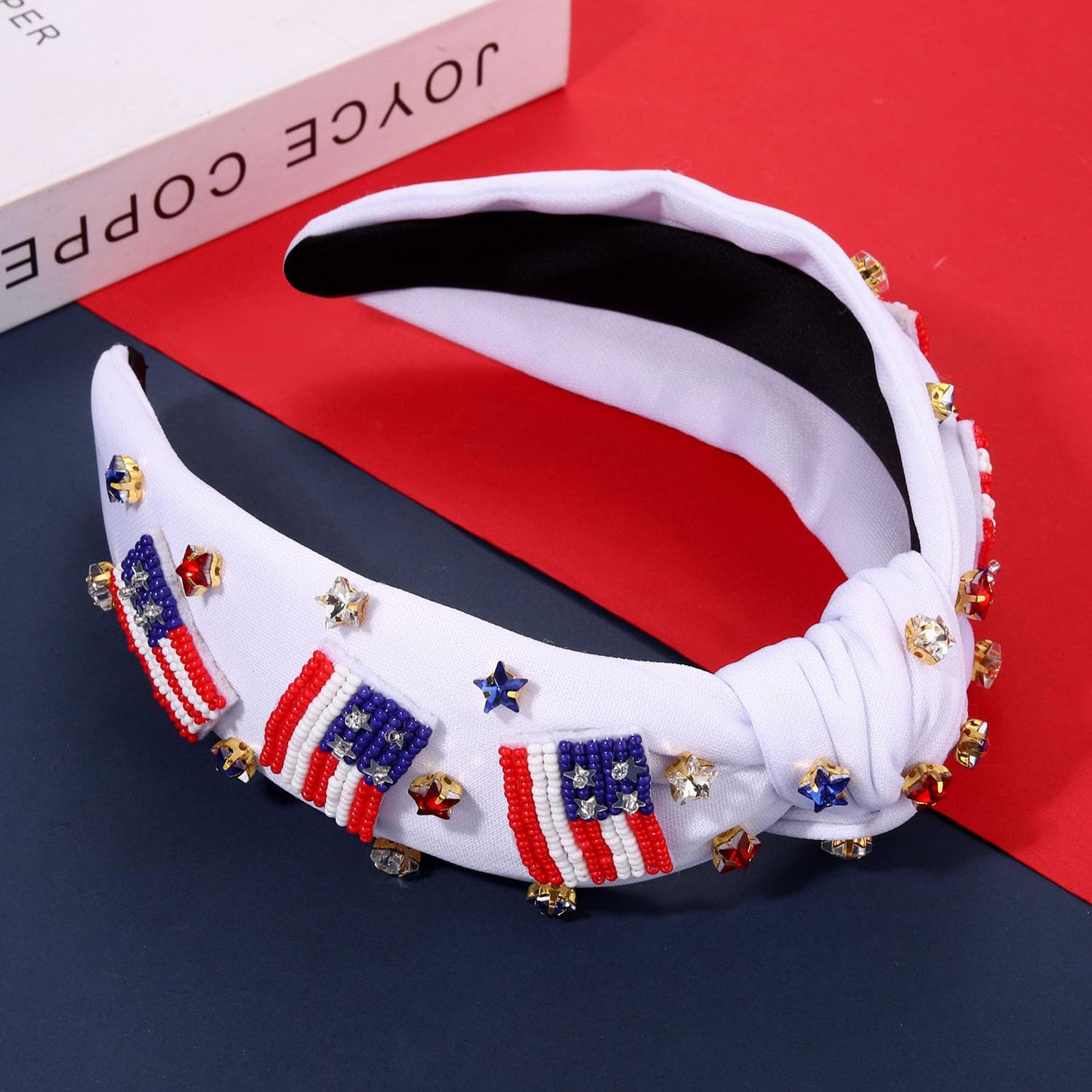 mokkia Patriotic Headband - Knotted Red White and Blue Rhinestone Crystal Top Knot Headband for Women, Party Favors (American Flag A)