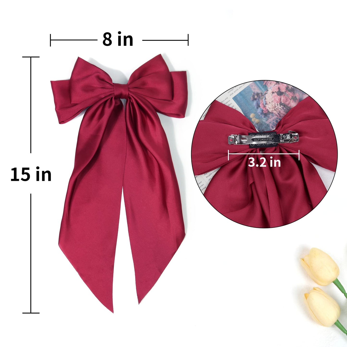 VRbeatter Girls' Classic Hair Bow Big Bow Hair Clips Solid Color Bowknot Hairpin Barrette with Long Silky Satin, Handmade（Black,White,Red,Navy blue）