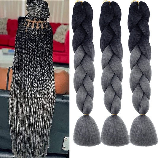 SHUOHAN 6 Packs Ombre Jumbo Braiding Hair Extensions 24 Inch High Temperature Synthetic Fiber Hair Extensions for Box Braids Braiding Hair (Black to Deep Gray)