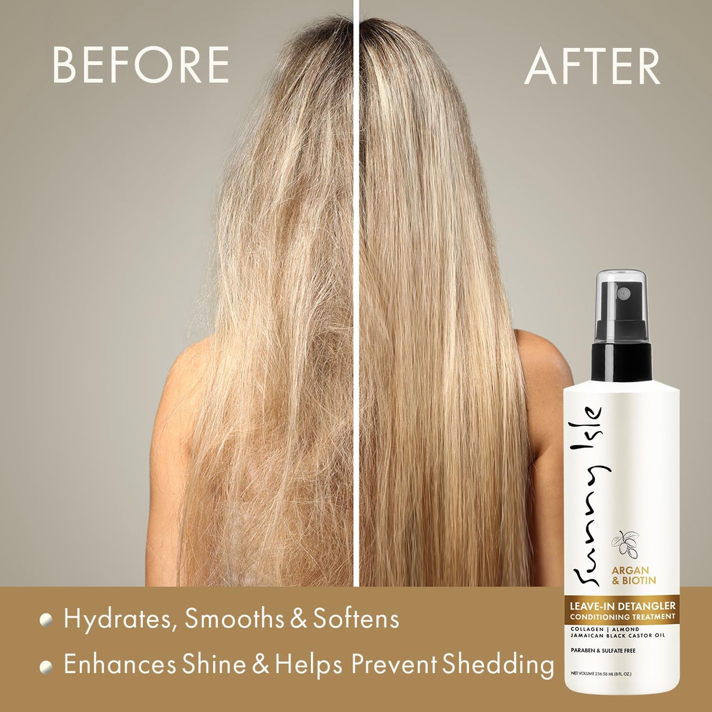 Sunny Isle Leave-In Detangler Conditioner - Argan & Biotin with Collagen, Almond & Castor Oil - 8 oz