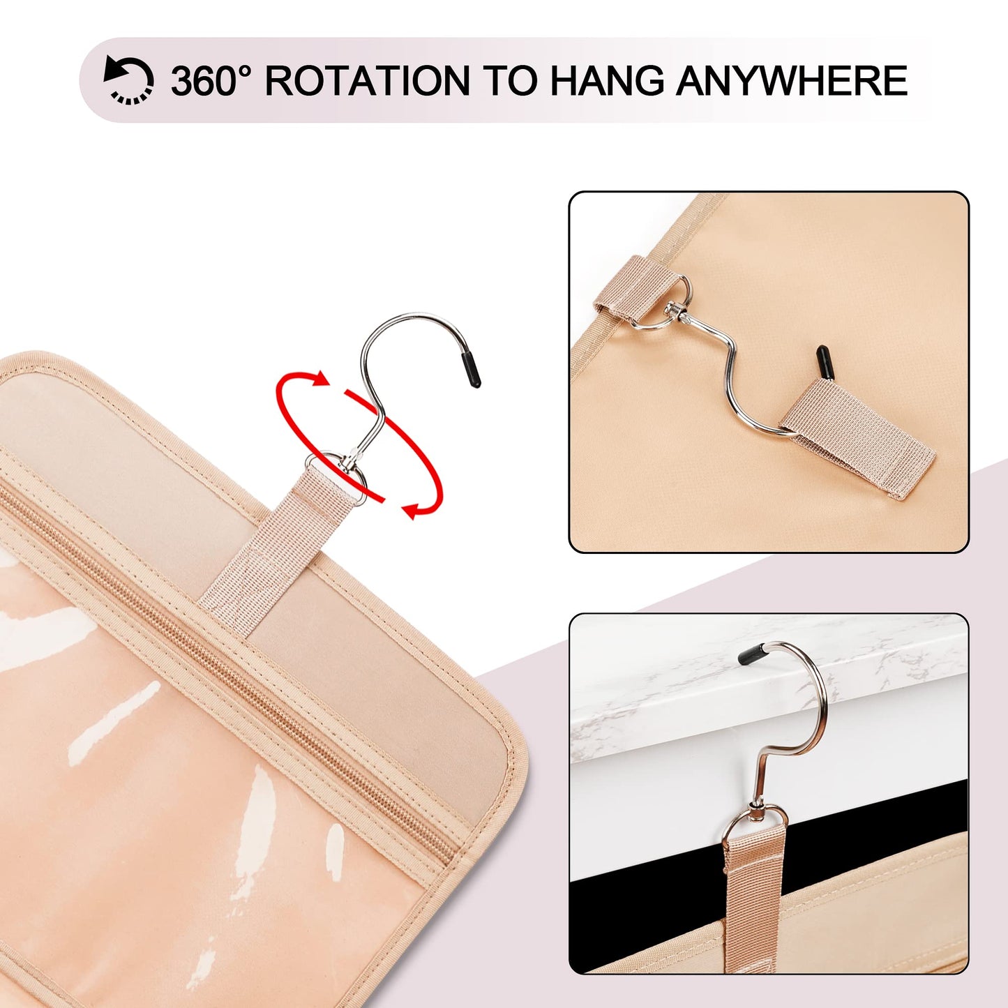 Travel Hanging Toiletry Bag for Women, with Jewelry Organizer Compartment, Medium Waterproof Hanging Makeup Accessories, Cosmetic Essentials, Toiletries Dopp Kit Set with Trolley Belt, Baby Pink