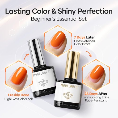 modelones Top Coat Gel Nail Polish, 2 PCS 15 ML Upgrade Silky Pro Base Extra Glossy No Wipe Clear Top Coat Set for Press On Nails Acrylic Soak Off U V LED High Shine Nail Art DIY Manicure Gift