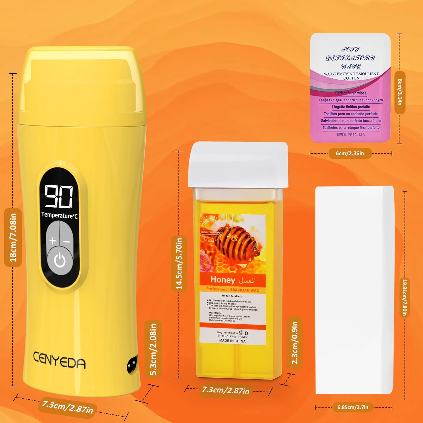 Digital Roll On Wax Kit,Honey Thermostatic Roller Waxing Kit for Sensitive Skin, Depilatory Soft Wax Warmer with 2 Cartridge Refill 10 Wax-removing wipes and 100pcs Wax Strips