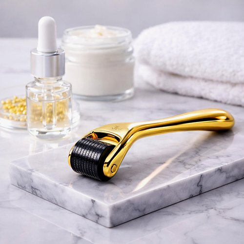 Elevate Derma Roller 0.25mm with 540 Titanium Microneedle Roller for Women & Men - Gold Roller for Face Skin Hair & Beard - Includes Storage Case