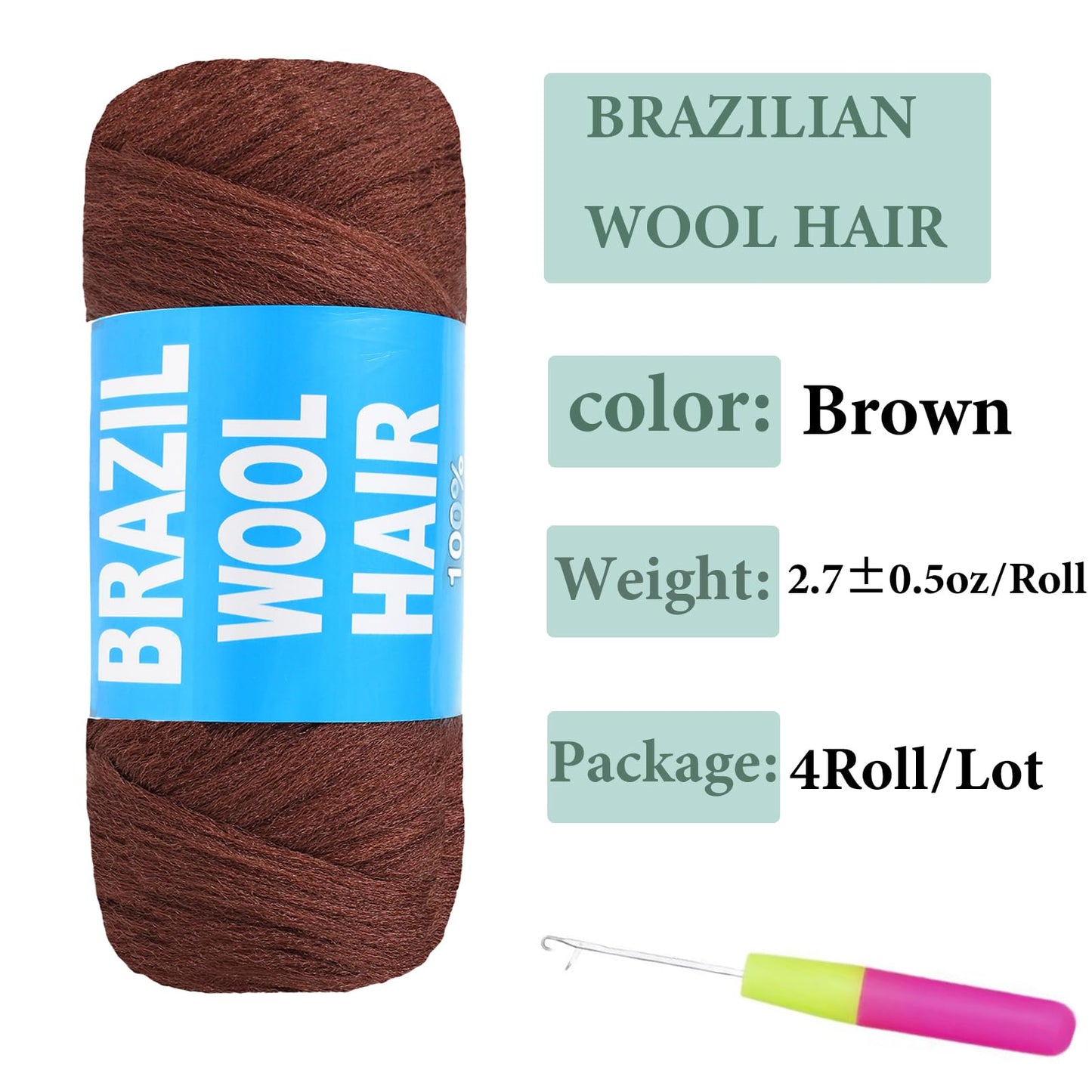 4 Roll Natural Brazilian Wool Hair Yarn Hair for Jumbo Braids Braiding Hair for Soft Locs Faux Locs Goddess Locs Hair Extension Senegalese Twist Crochet Hair for Black Women(Brown)