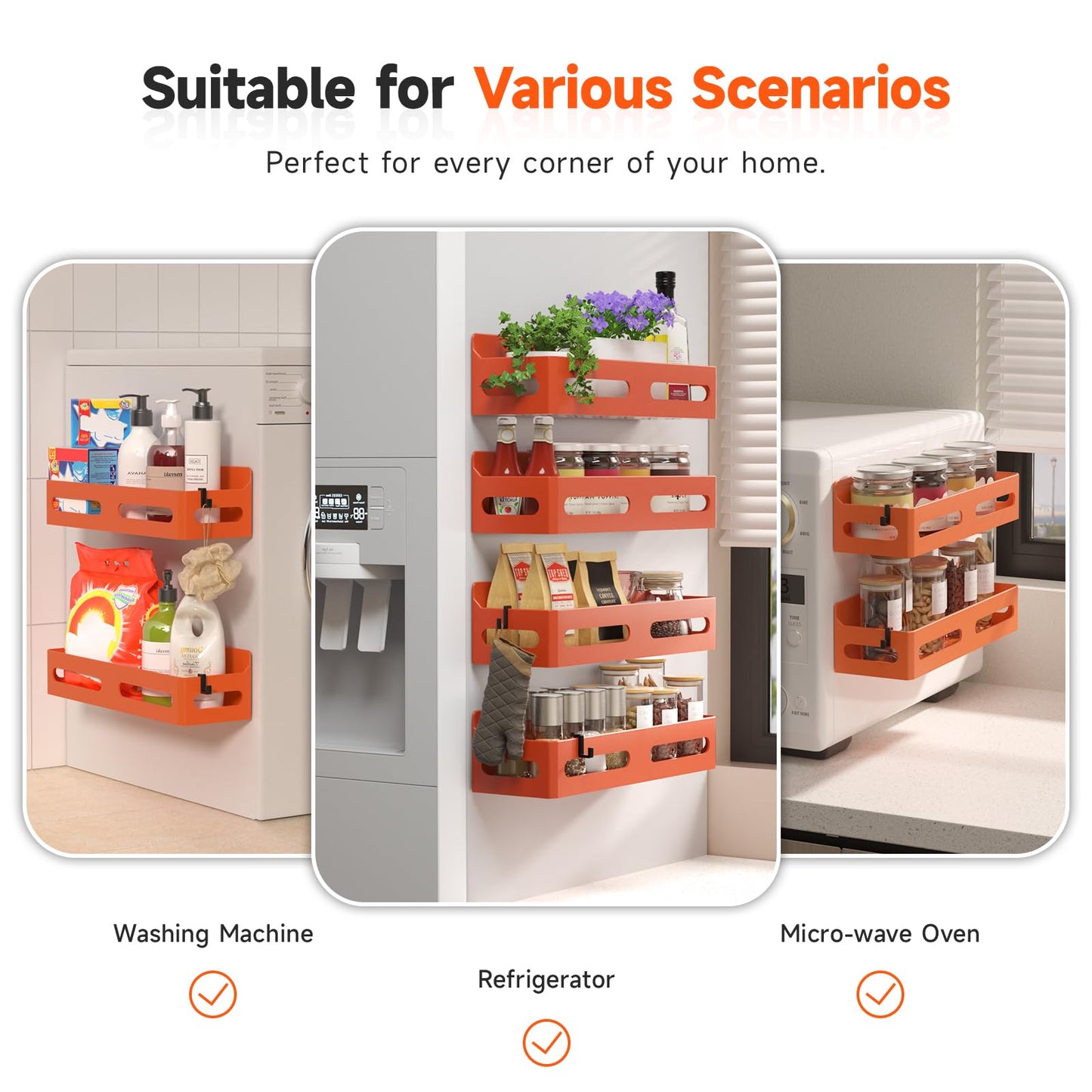 4 Pack Strong Magnetic Spice Rack for Refrigerator, Multipurpose Magnetic Shelf for Fridge with 4 Hooks for kitchen and Bathroom Organization, Black