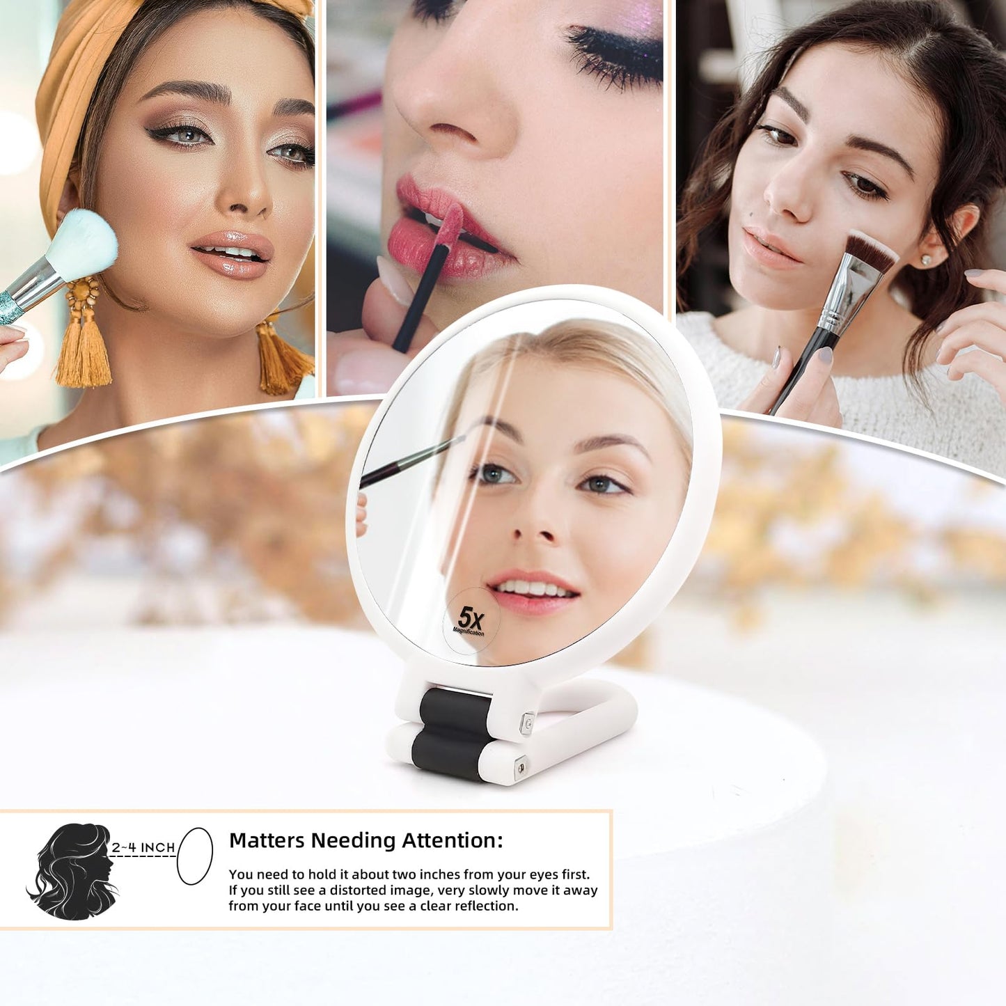 Novadex 1x 5X Magnifying Mirror, Handheld Hand Mirror with Handle, Travel Hand Held Vanity Mirror, Compact Double Sided Portable Magnification Small Make Up Mirrors for Precision Makeup (White)