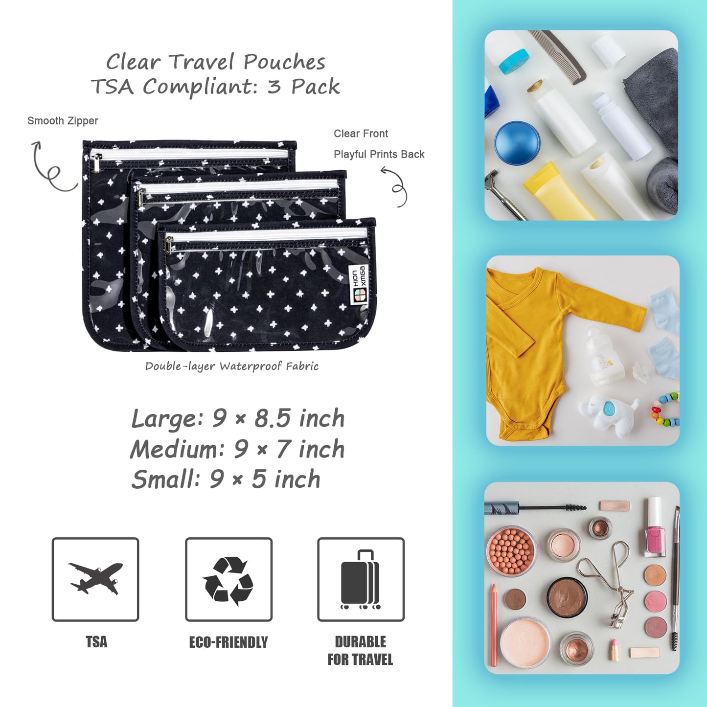 HIONXMGA TSA Approved Toiletry Bag, Set of 3 Clear Travel Toiletry Bag Quart Size Zipper Travel Pouch, Waterproof Makeup Cosmetic Bag for Women Men Kids Toiletries Carry on, Plus