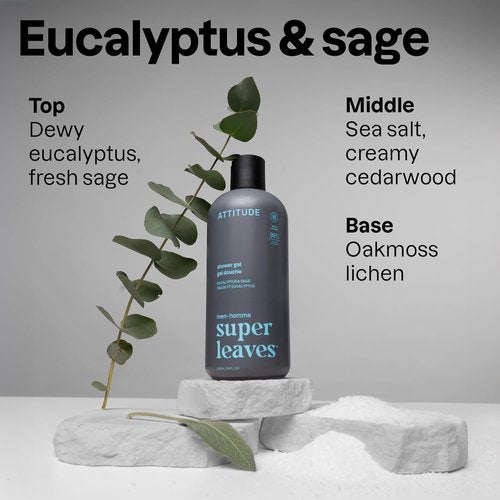 ATTITUDE Shower Gel for Men - 98% Natural Ingredients, Eucalyptus & Sage, 14 Fl Oz (Pack of 3)