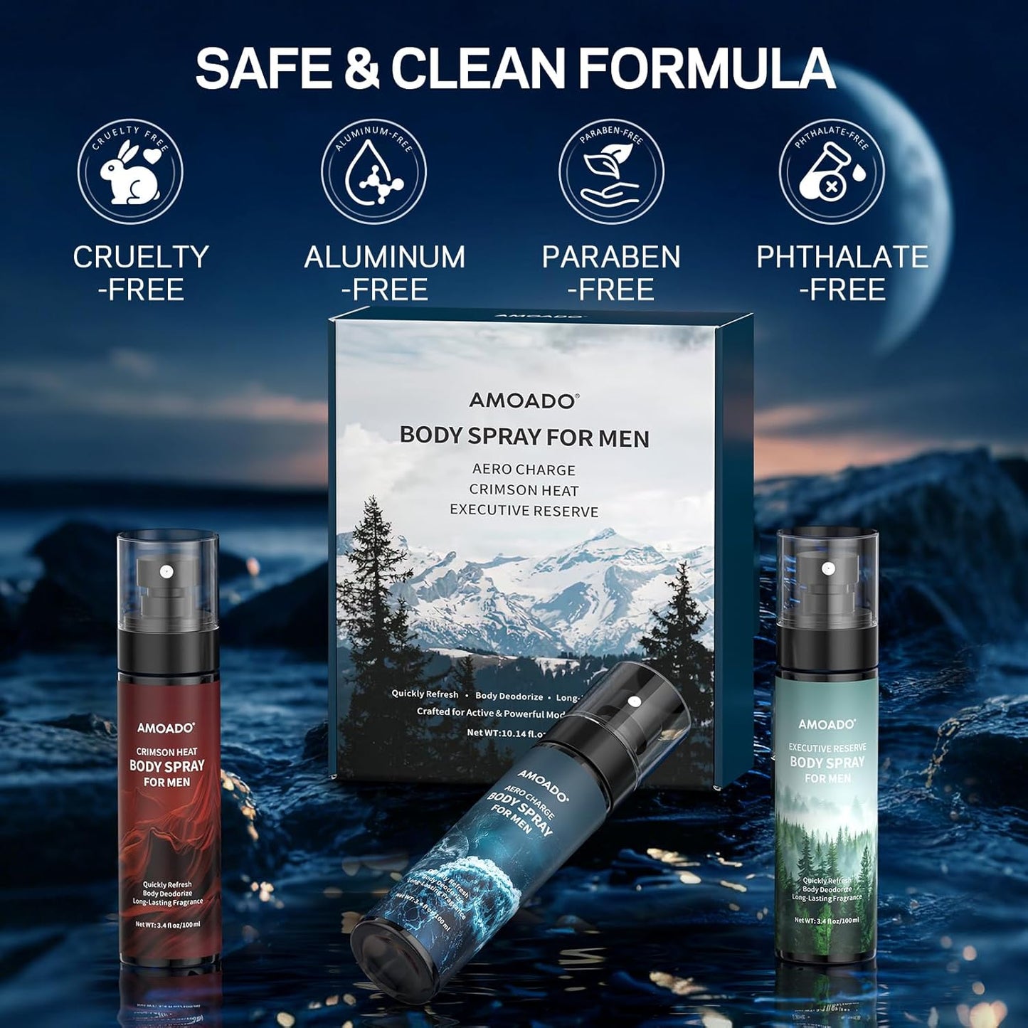 AMOADO Men’s Body Spray Set - Refreshing Aluminum-Free Deodorizing Mist | Oriental & Woody Scents, 3.4 fl oz