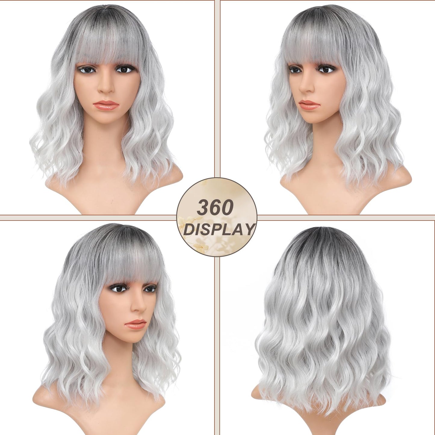 BEAUTIFA Silver Gray Wig with Bangs for Women 14 Inch Shoulder Length Short Bob Wavy Curly Wig White Grey Wig Heat Resistant Synthetic Wigs