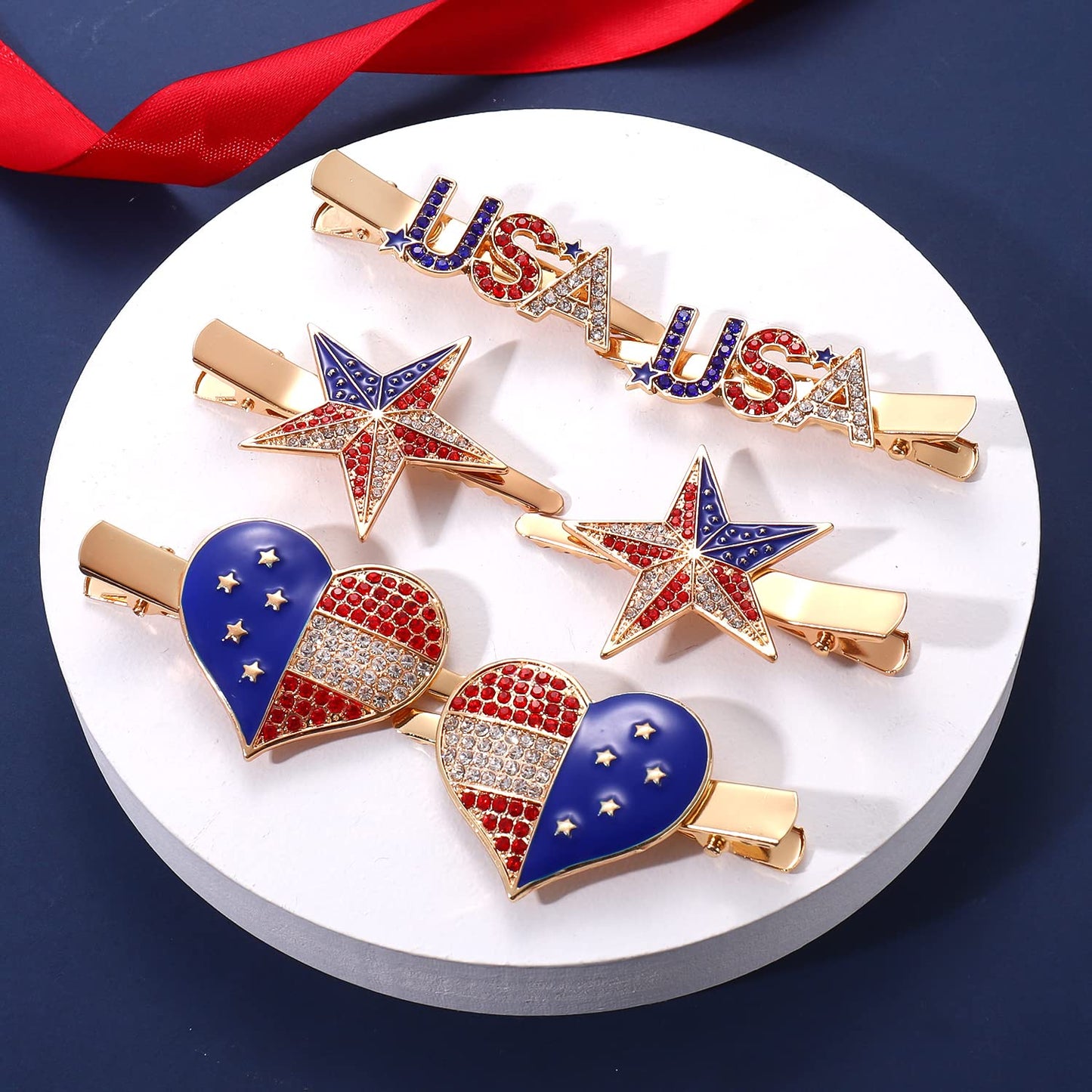 3 Pairs American Flag Hair Clips 4th of July Patriotic Hairpins for Women Rhinestone Enamel Heart Star Hair Barrettes Independence Day Hair Accessory Gifts (3 Pairs Rhinestone)