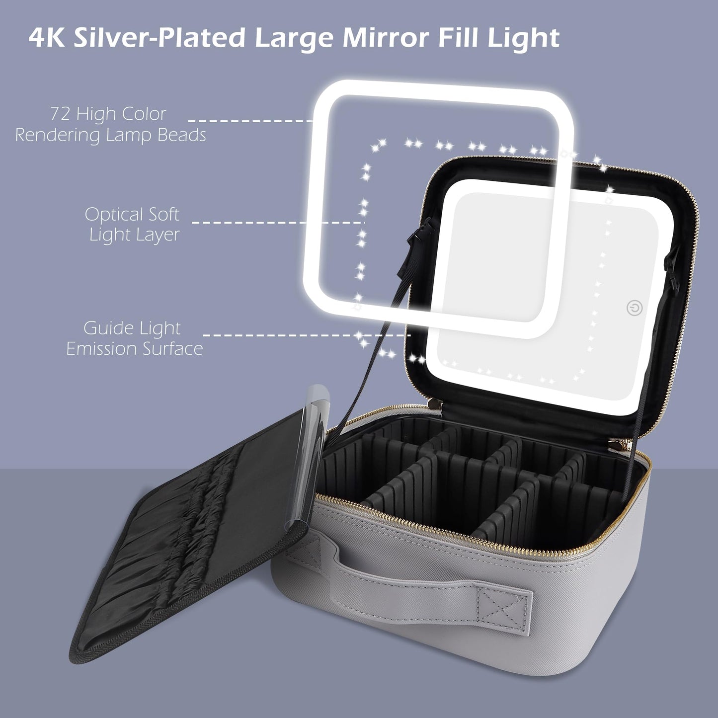 MOMIRA Travel Makeup Bag Cosmetic Bag Makeup Organizer Bag with Large Lighted Mirror 3 Color Scenarios Adjustable Brightness, Waterproof Makeup Travel Case(Grayish)