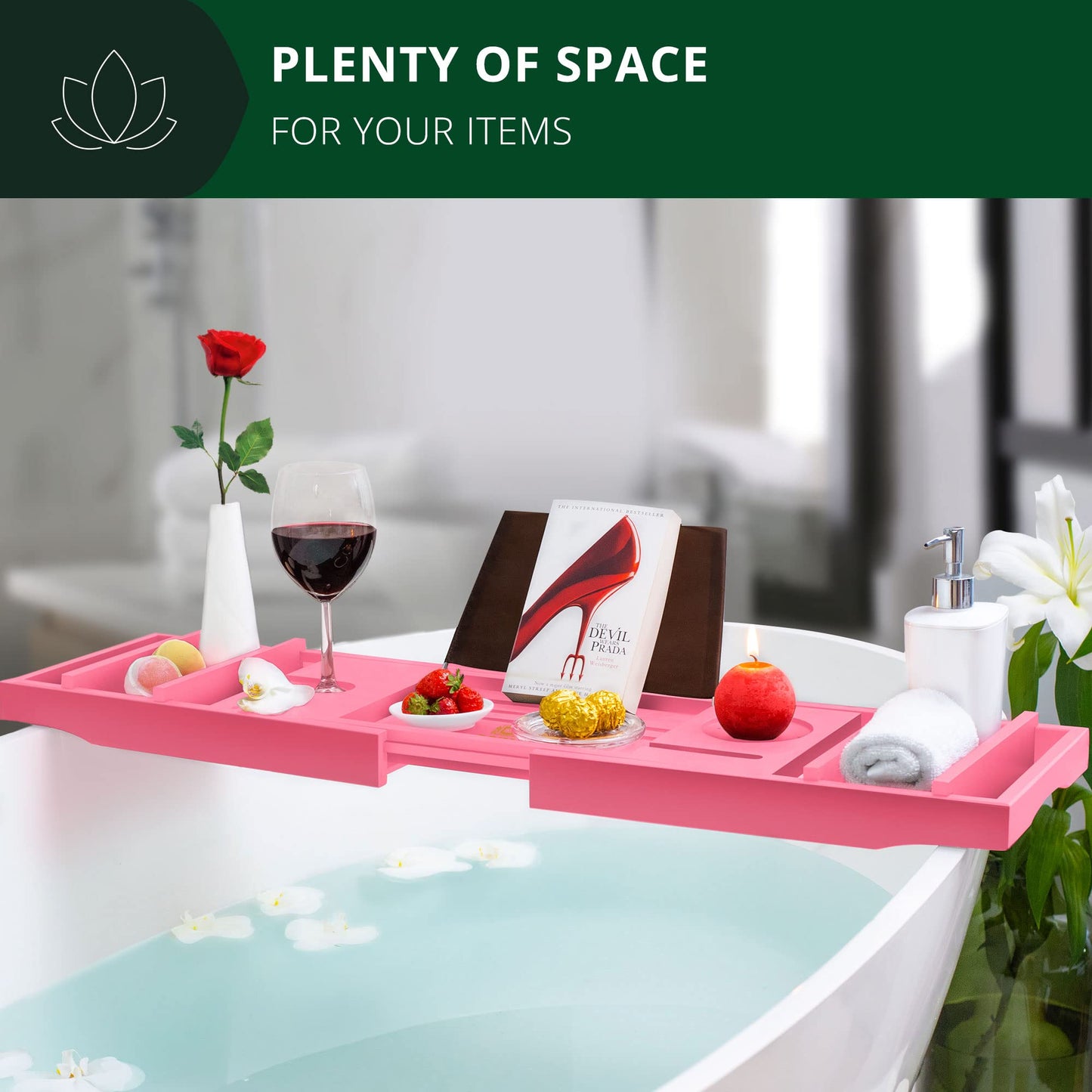 ROYAL CRAFT WOOD Luxury Bathtub Caddy Tray, One or Two Person Bath and Bed Tray, Bonus Free Soap Holder (Pink)