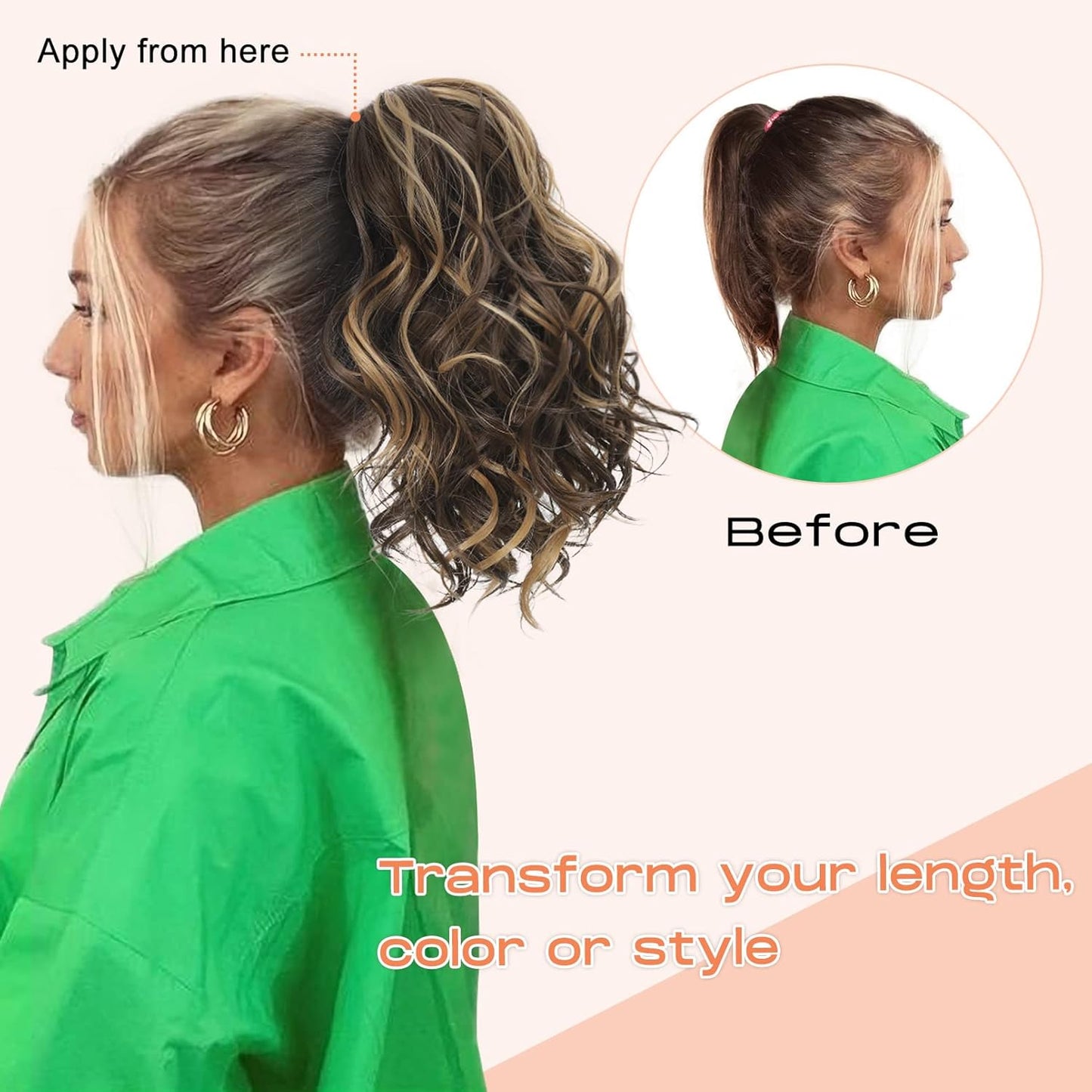 SEIKEA 10" Short Claw Highlight Ponytail Extension Wavy Curly Thick Jaw Clip in Hair Extensions Ponytail Soft Natural Looking Synthetic Hairpiece for Women Brown with Honey Blonde Highlights