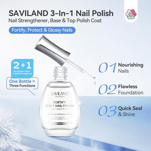 SAVILAND 3-in-1 Nail Strengthener & Top Coat - Quick Air Dry Clear Polish, 15ml for Damaged Nails