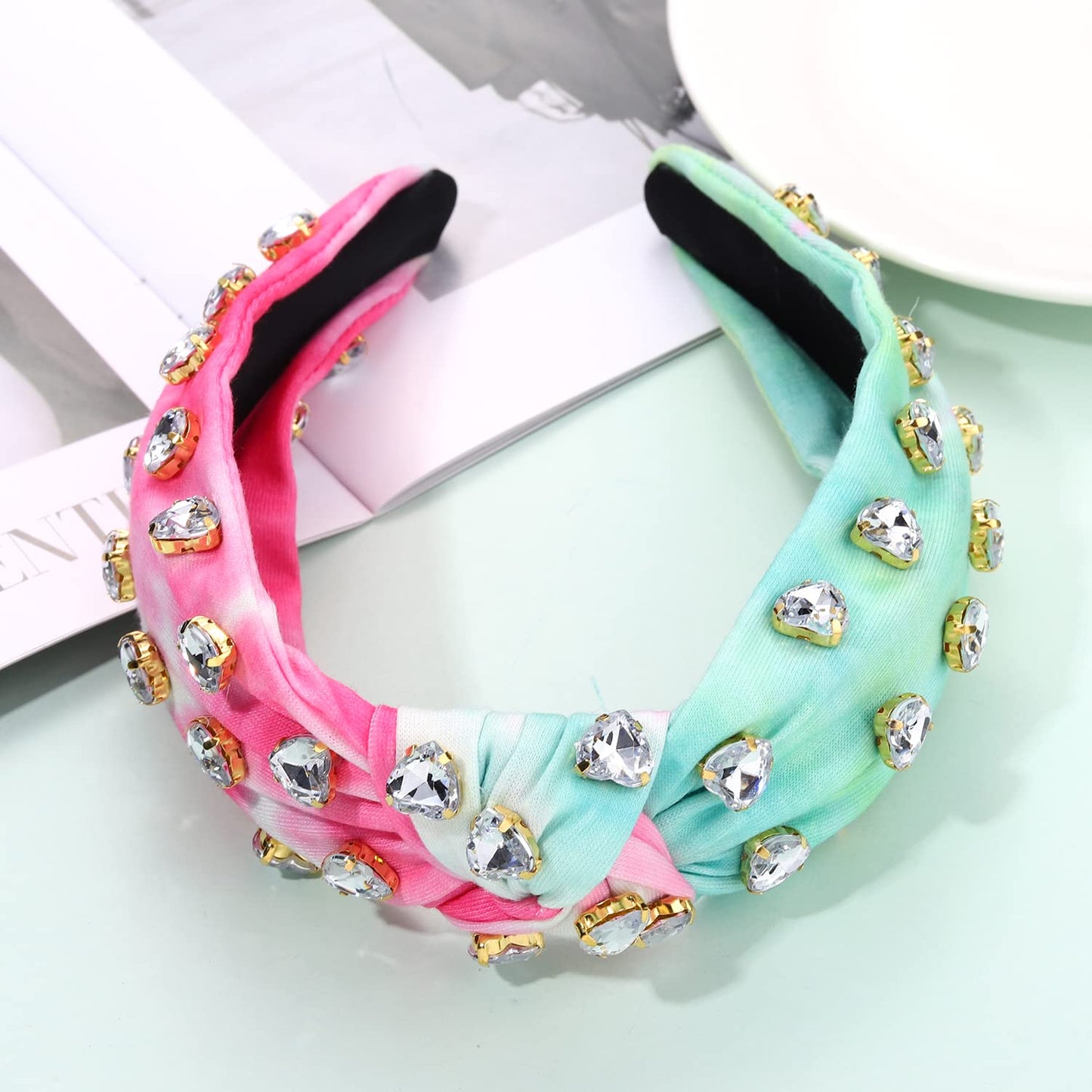 Crystal Velvet Headband Cross Knotted Turban Headdress Colorful rhinestone Statement Wide Hair Band Hoop Accessories For Women Girls (Colorful B)