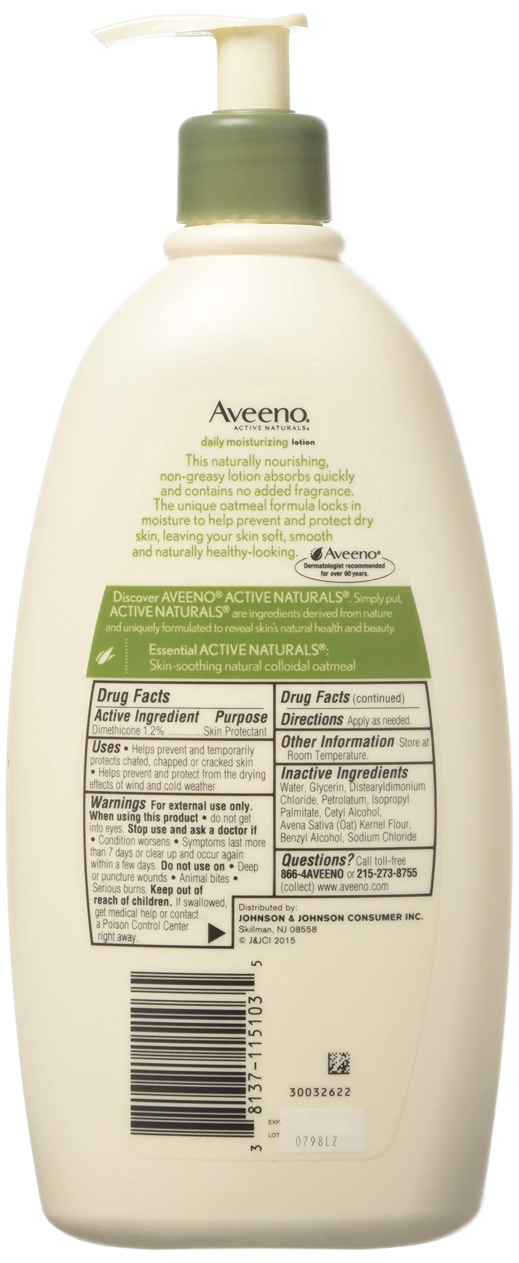 Aveeno Daily Moisturizing Body Lotion, Body Lotion for Dry Skin with Prebiotic Oat, Paraben Free, Fragrance Free, Non-Greasy, Non-Comedogenic Moisturizer, 18 FL OZ