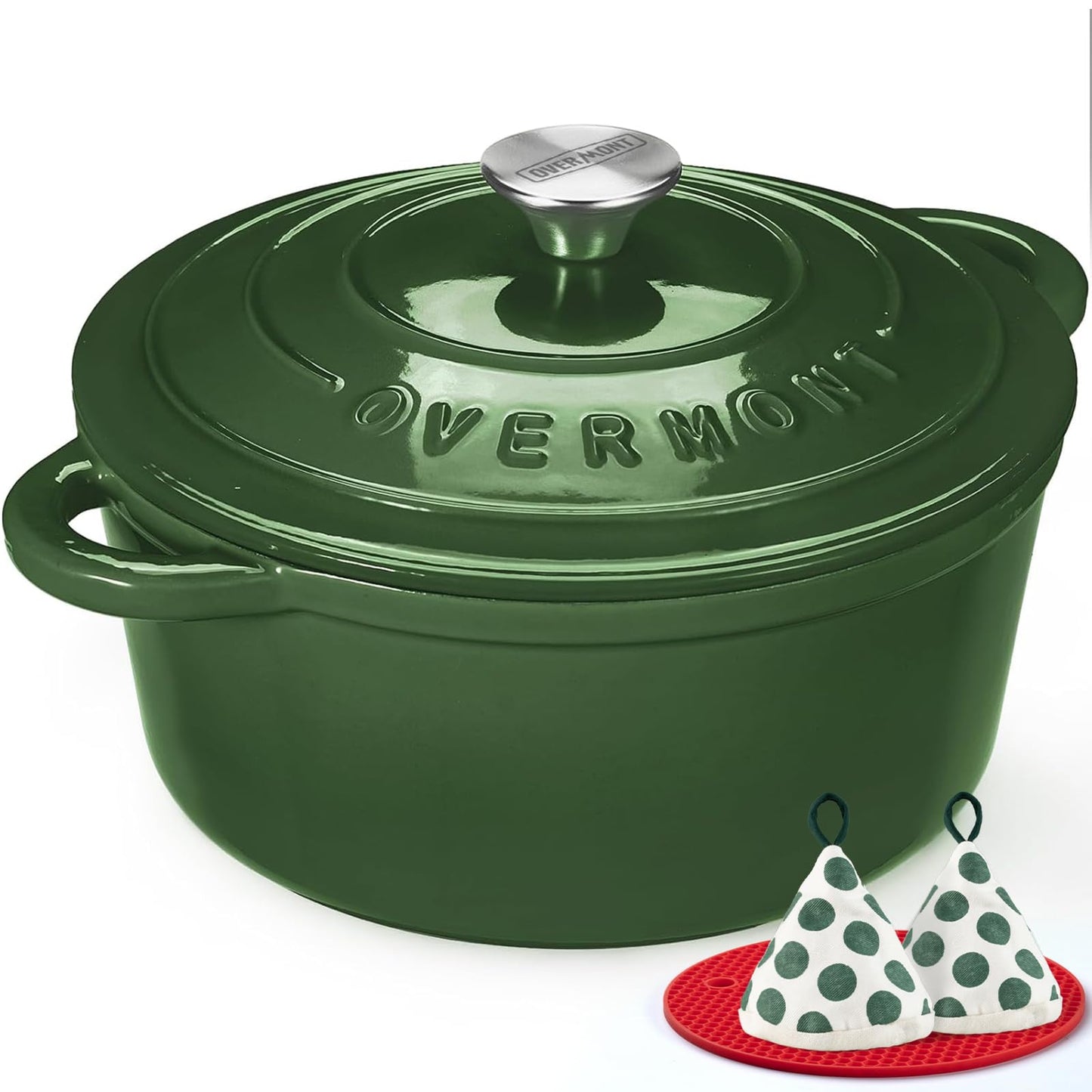 Overmont Enameled Cast Iron Dutch Oven - 4.5QT Pot with Lid Cookbook & Cotton Potholders - Heavy-Duty Cookware for Braising, Stews, Roasting, Bread Baking bottle green