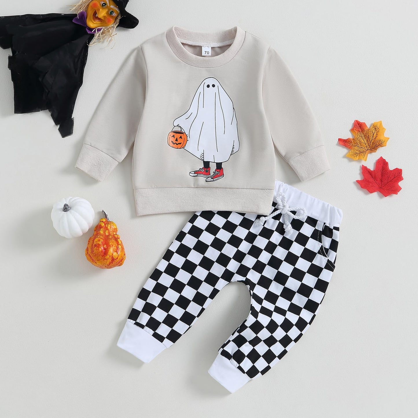 FYBITBO Toddler Baby Boys Halloween Outfits Ghost Long Sleeve Sweatshirt Shirt Top and Pants Fall Halloween Clothes Set (Grey-Ghost Costumes, 6-12 Months)