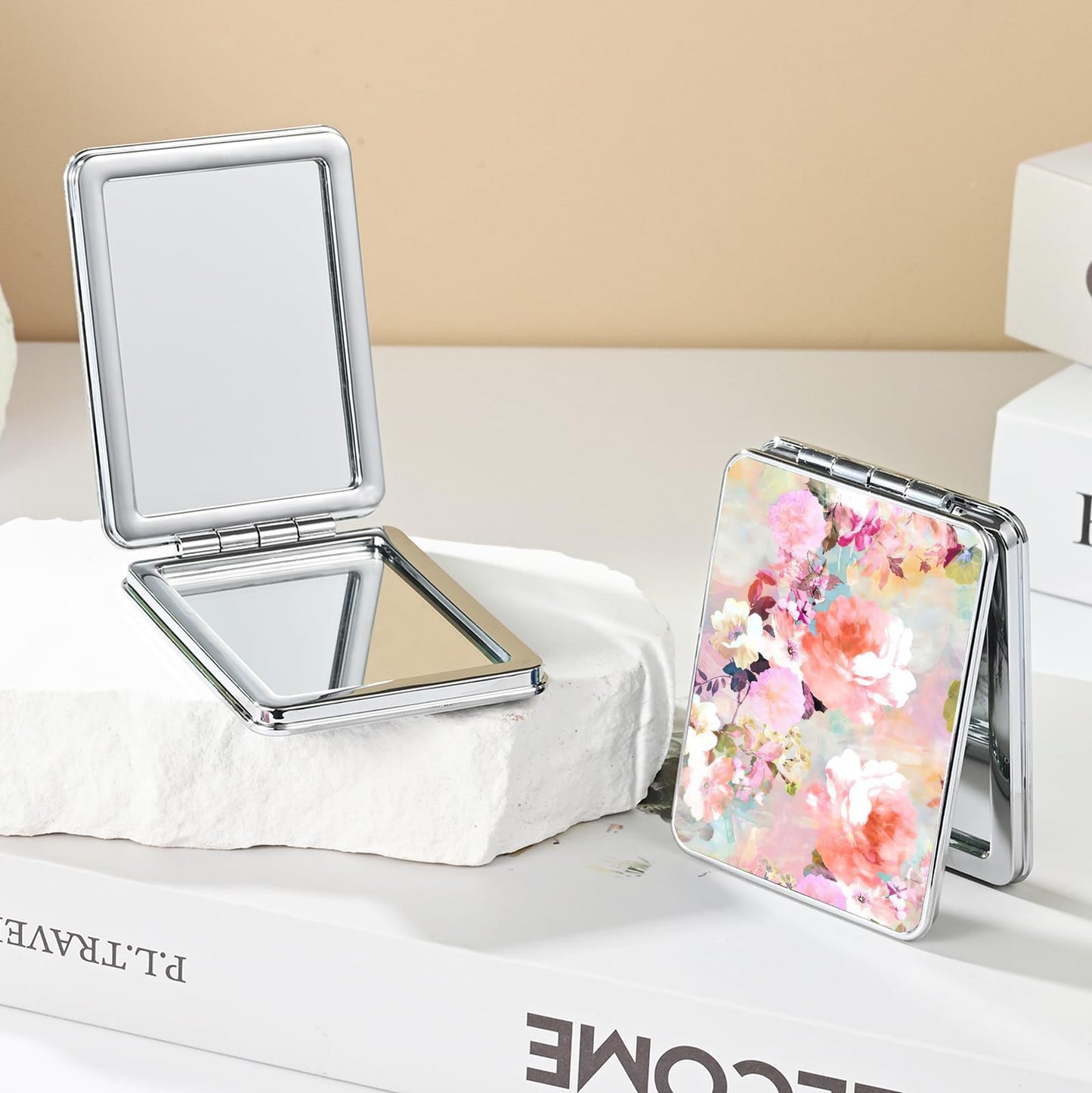 dcdcee Pocket Mirror, Small Travel Mirror with Magnification, Portable Double-Sided Magnifying Cosmetic Mirror for Daily (Beautiful Flowers)