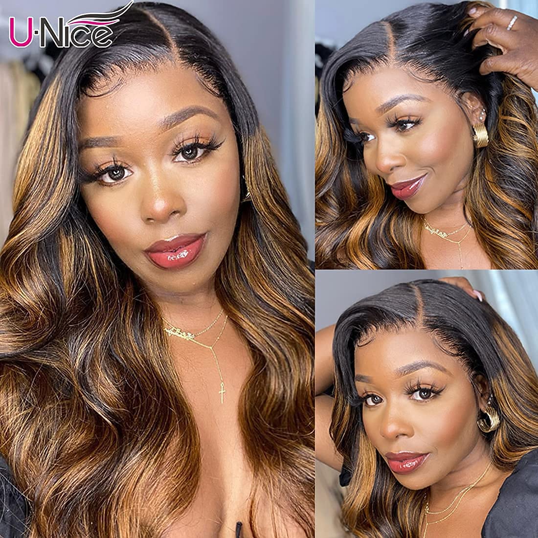 UNICE Brown Highlight Body Wave Human Hair 3 Bundles with 4x4 lace closure, Brazilian Remy Hair Ombre Human Hair Wavy Weaves FB30 Color 14 14 14+14 Closure