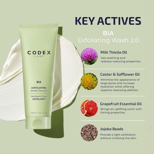 Codex Labs Bia Exfoliating Face Wash - Gentle Vegan Cleanser for Dry & Sensitive Skin | 3.4oz